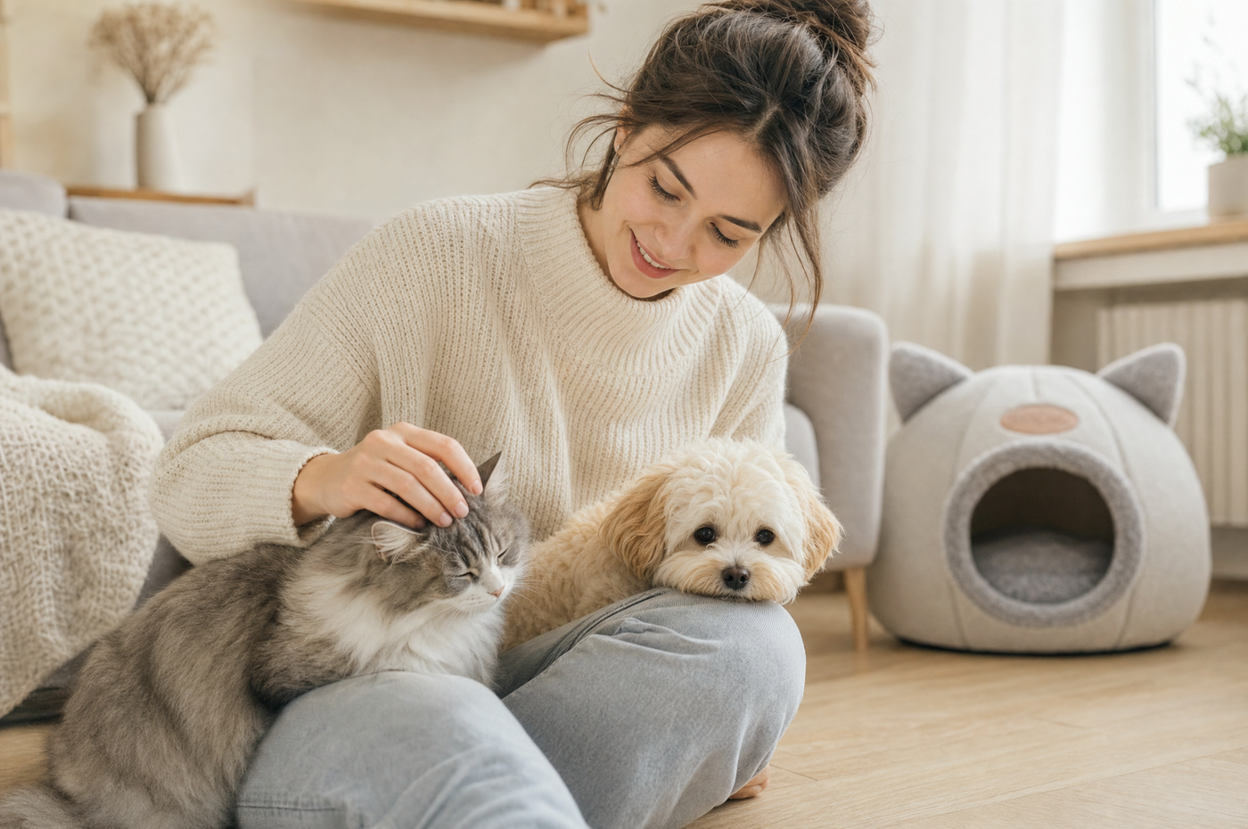 Pet owner at home with her cat and puppy