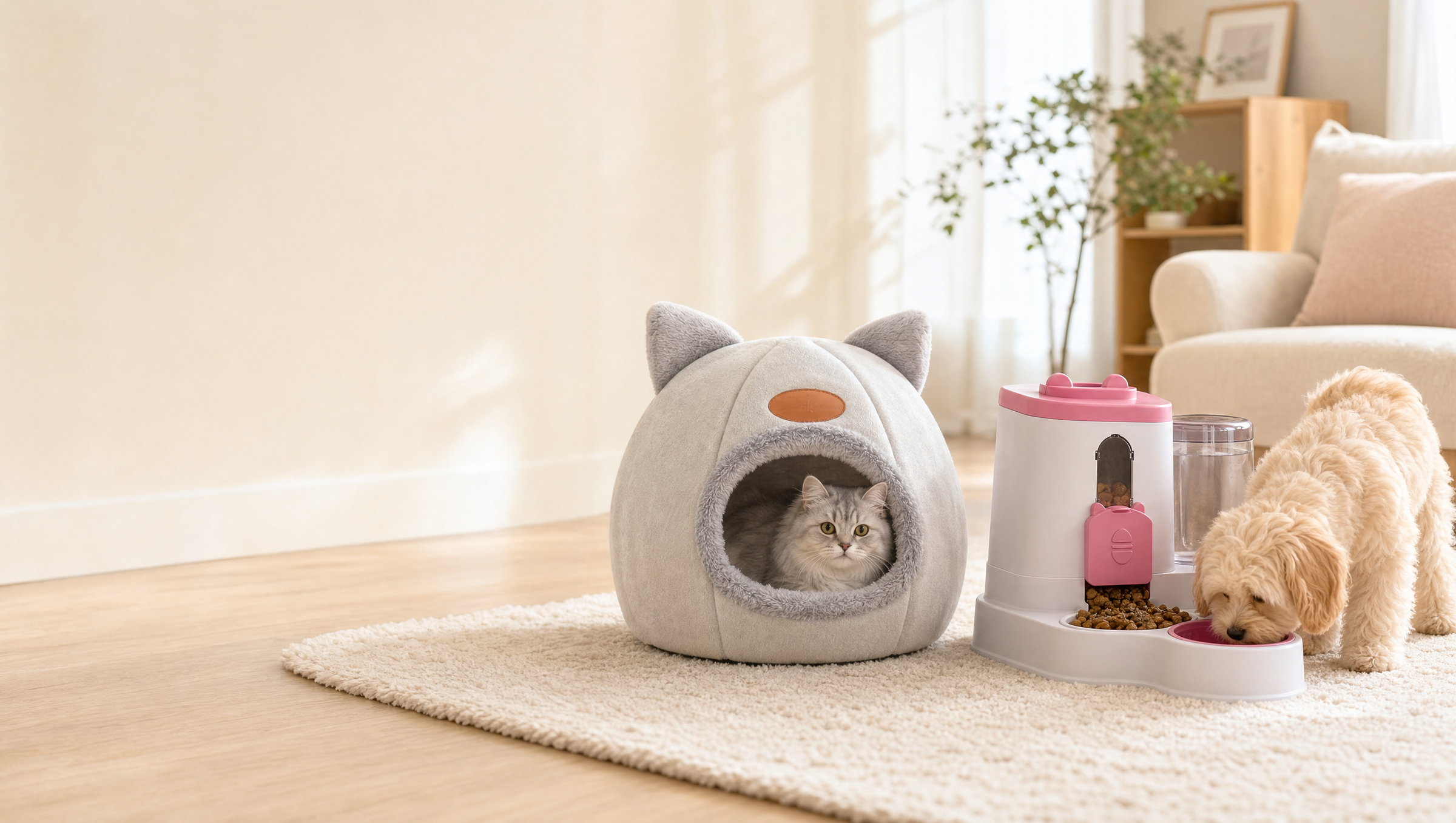 A cat resting in the Rawhy cat cave bed and a puppy eating from the gravity feeder